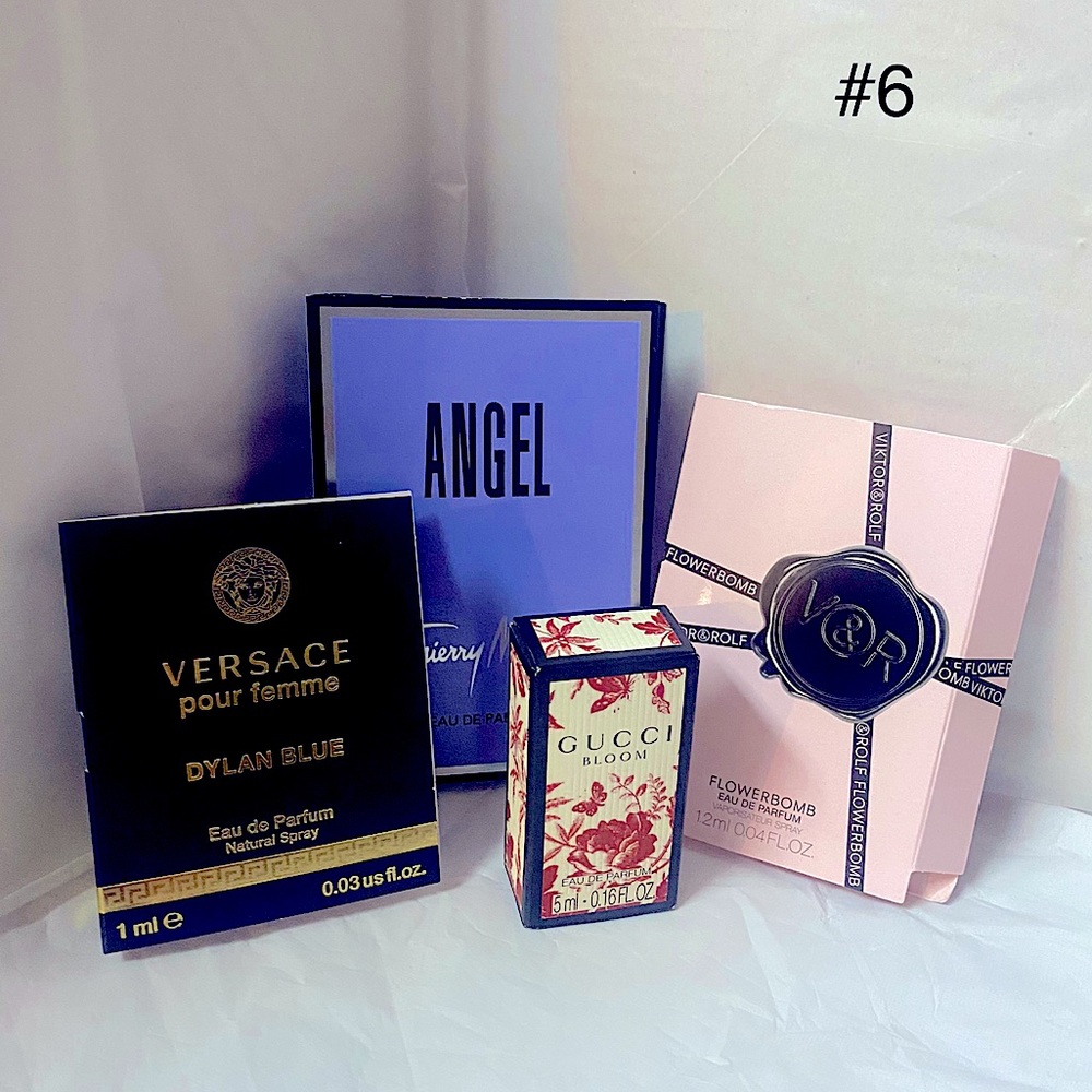 NEW Perfume Sample Gucci Bloom, V&R Flowerbomb, Mugler Angel, Versace Dylan Blue